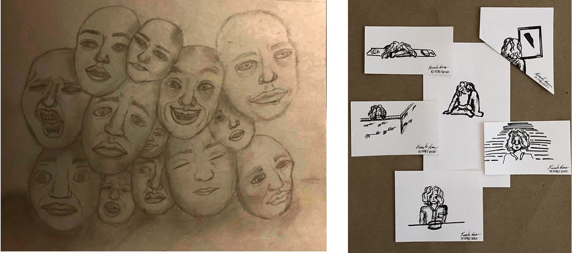 drawing of faces and collage of drawings of faces