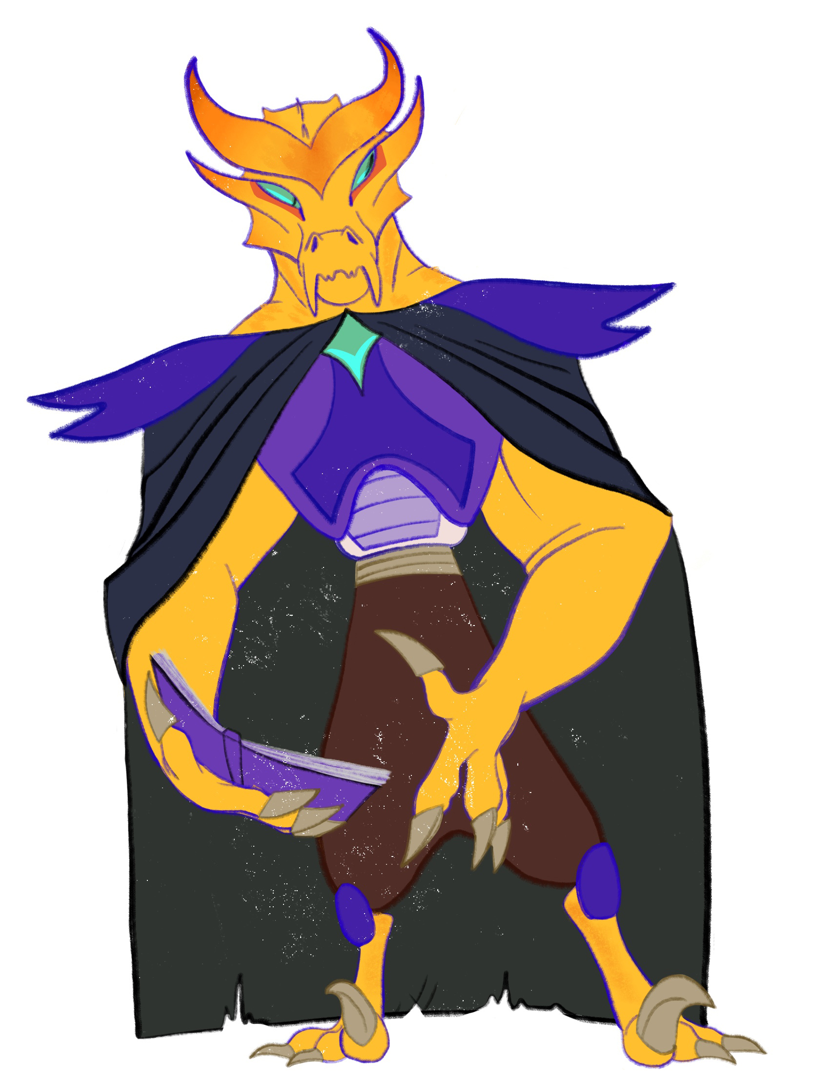 Drawing of a purple and yellow two-horned creature with a book on a white background