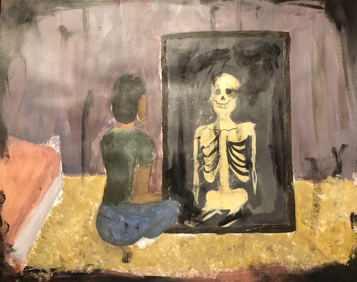 painting of person sitting in front of skeleton