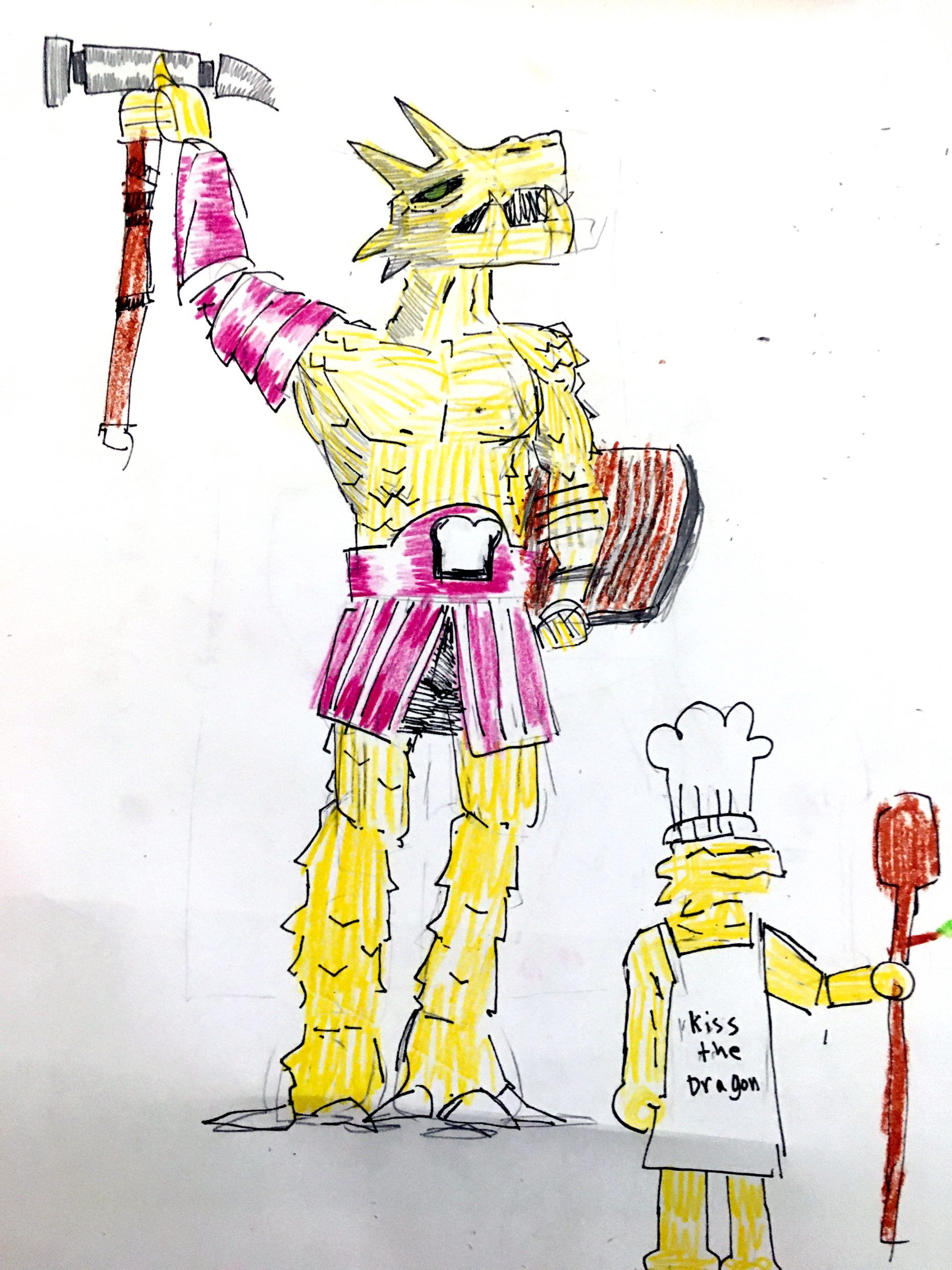 Drawing of two yellow creatures with big clubs on a white background