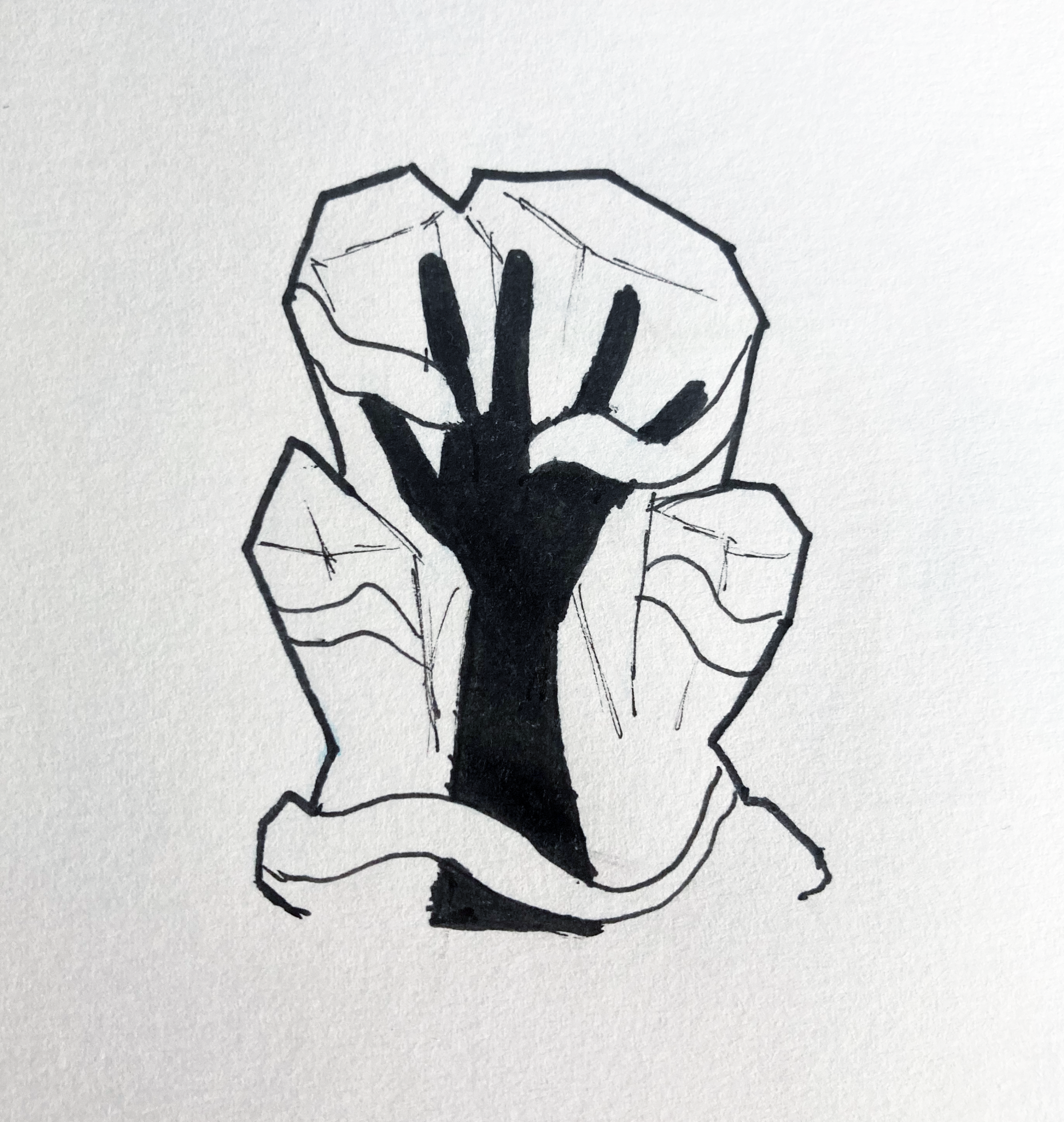 b/w drawing of hand tied to rock.