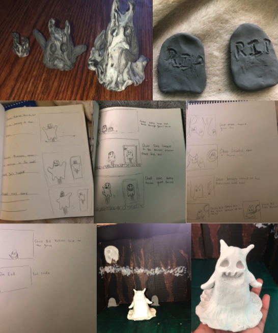 Image of sculpted figures and storyboards