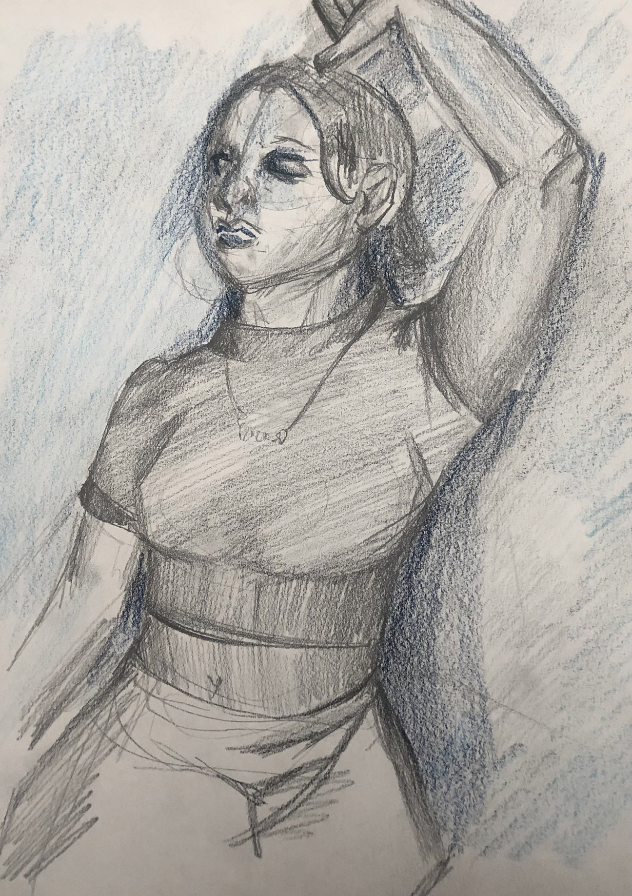 sketch of person with their arm over their head