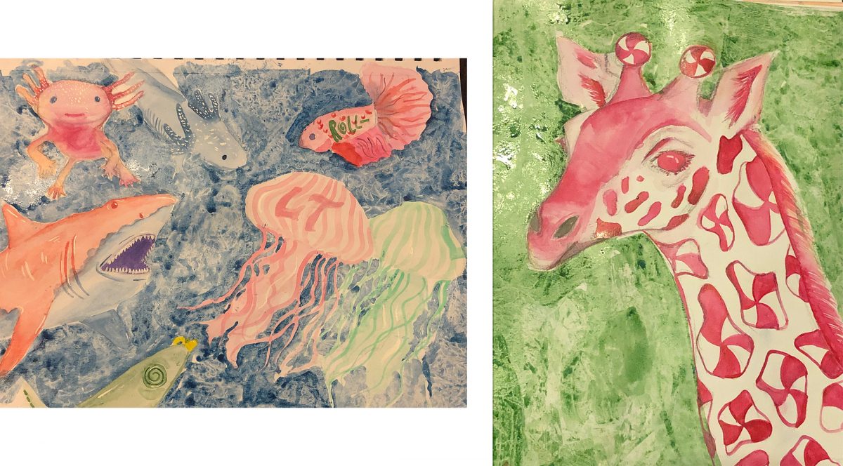 Painting of jellyfish and giraffe