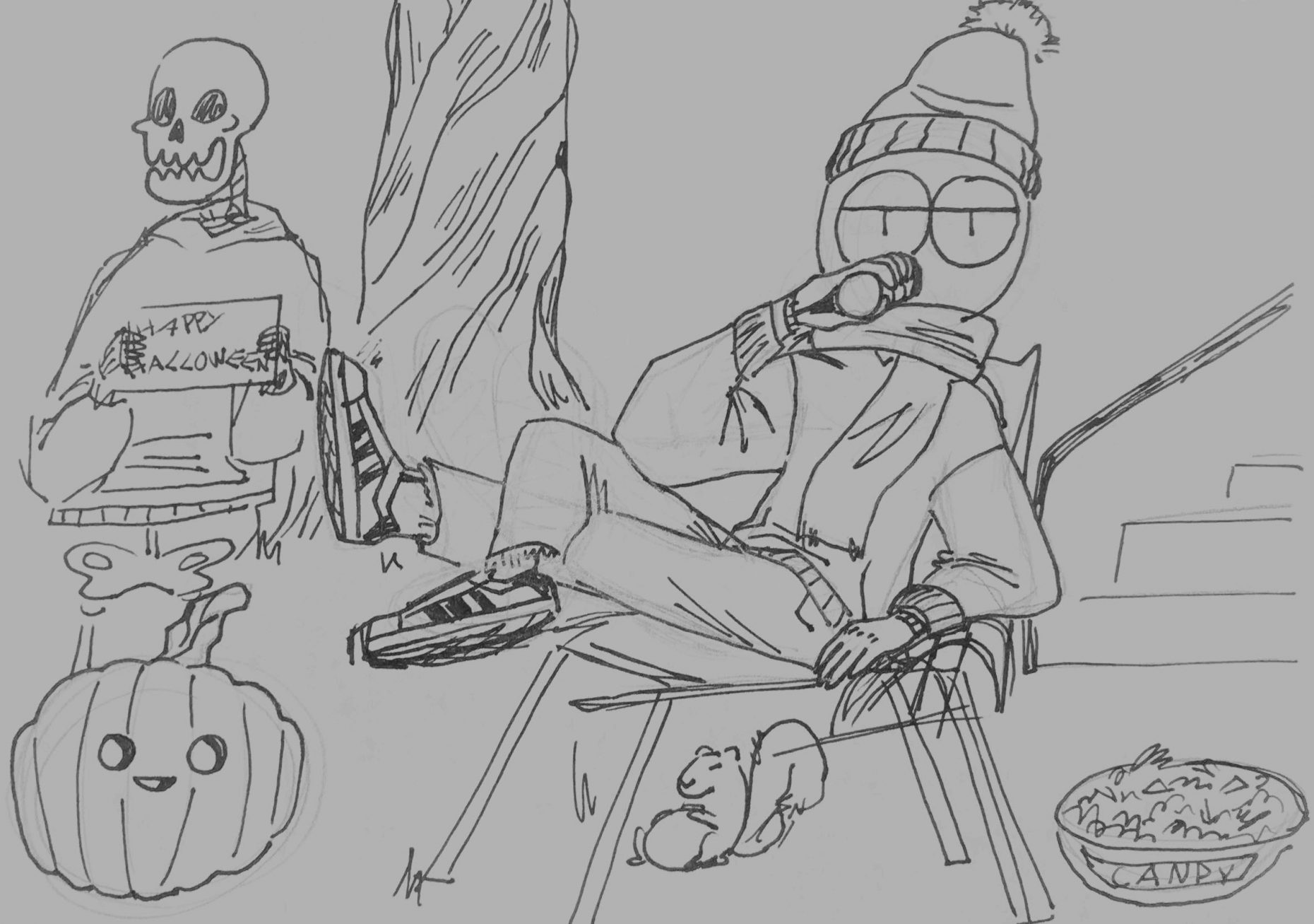 b/w line drawing of person sitting in lawn chair drinking from a can.