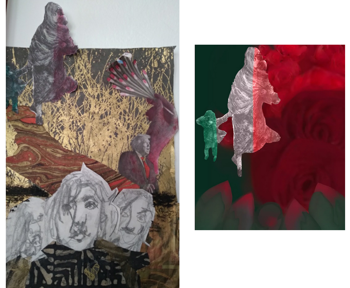 collage of faces and painting of people in green and red
