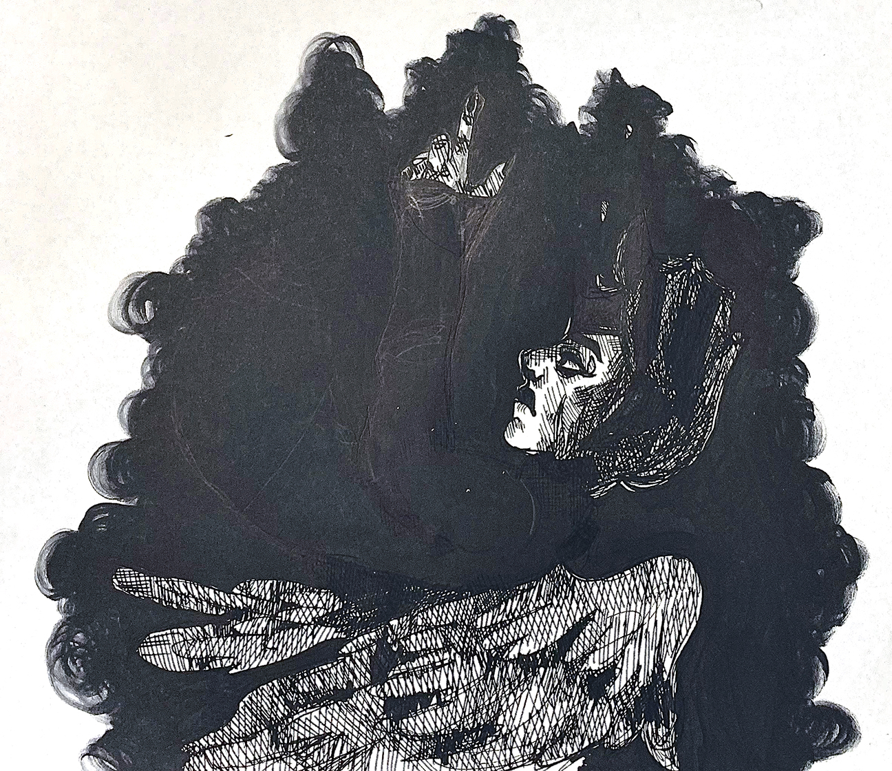 person with wings raising their hand in the dark