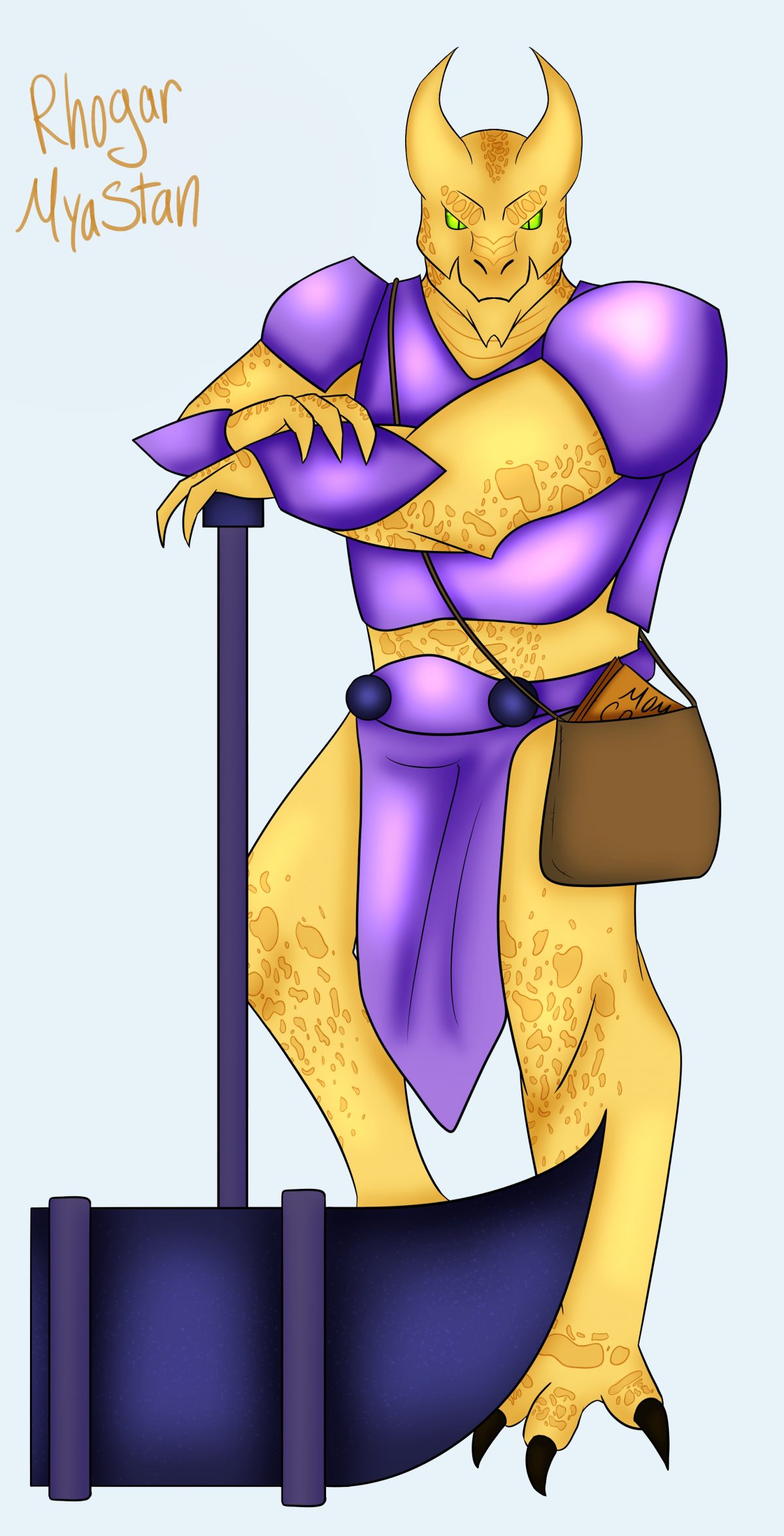 Drawing of a purple and yellow two-horned creature with a big club on a white background