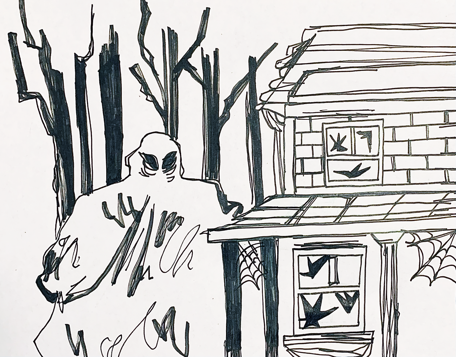 Black and white line drawing of person in a sheet in front of a house.