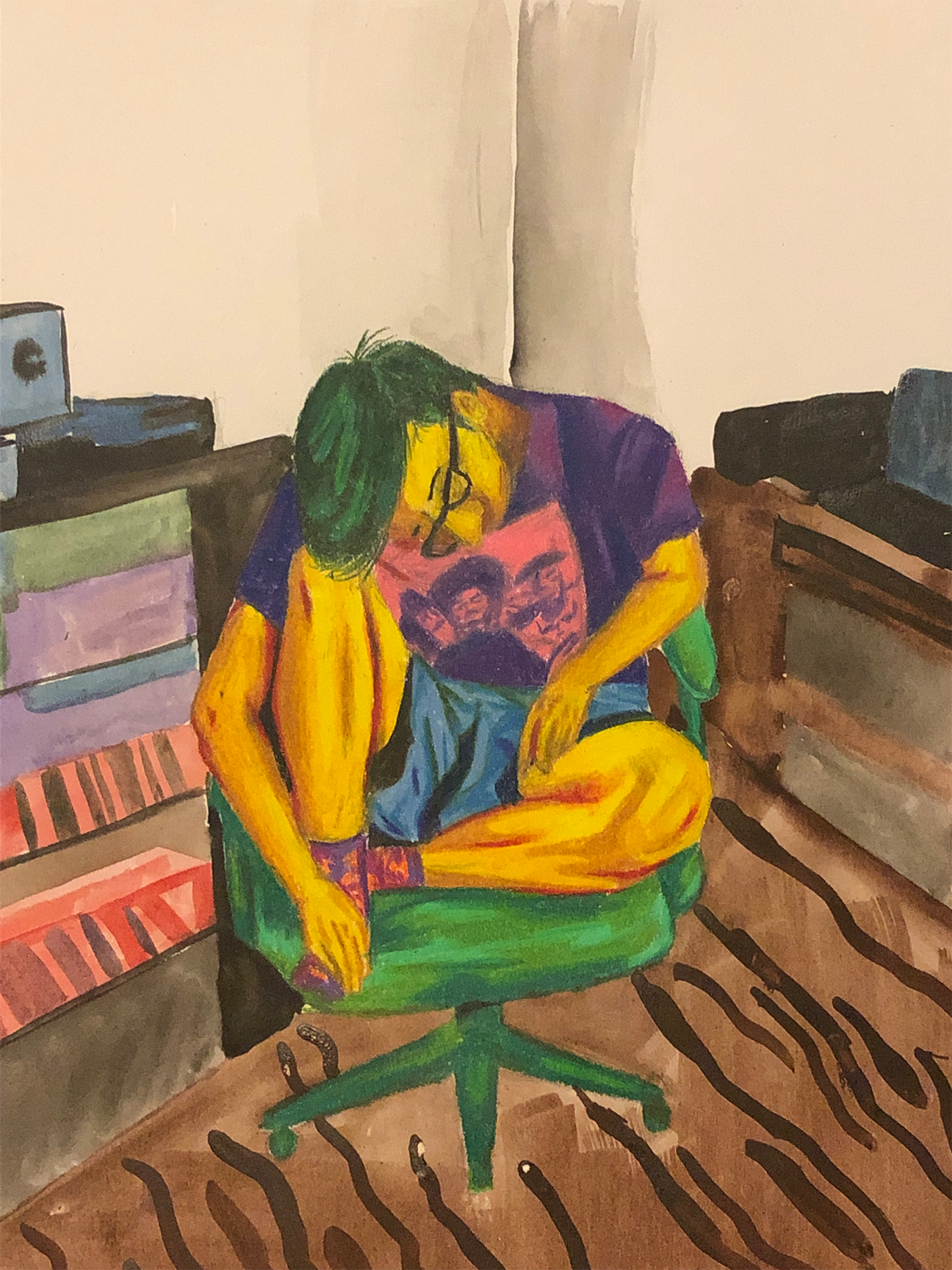 colorful painting of person sitting on chair