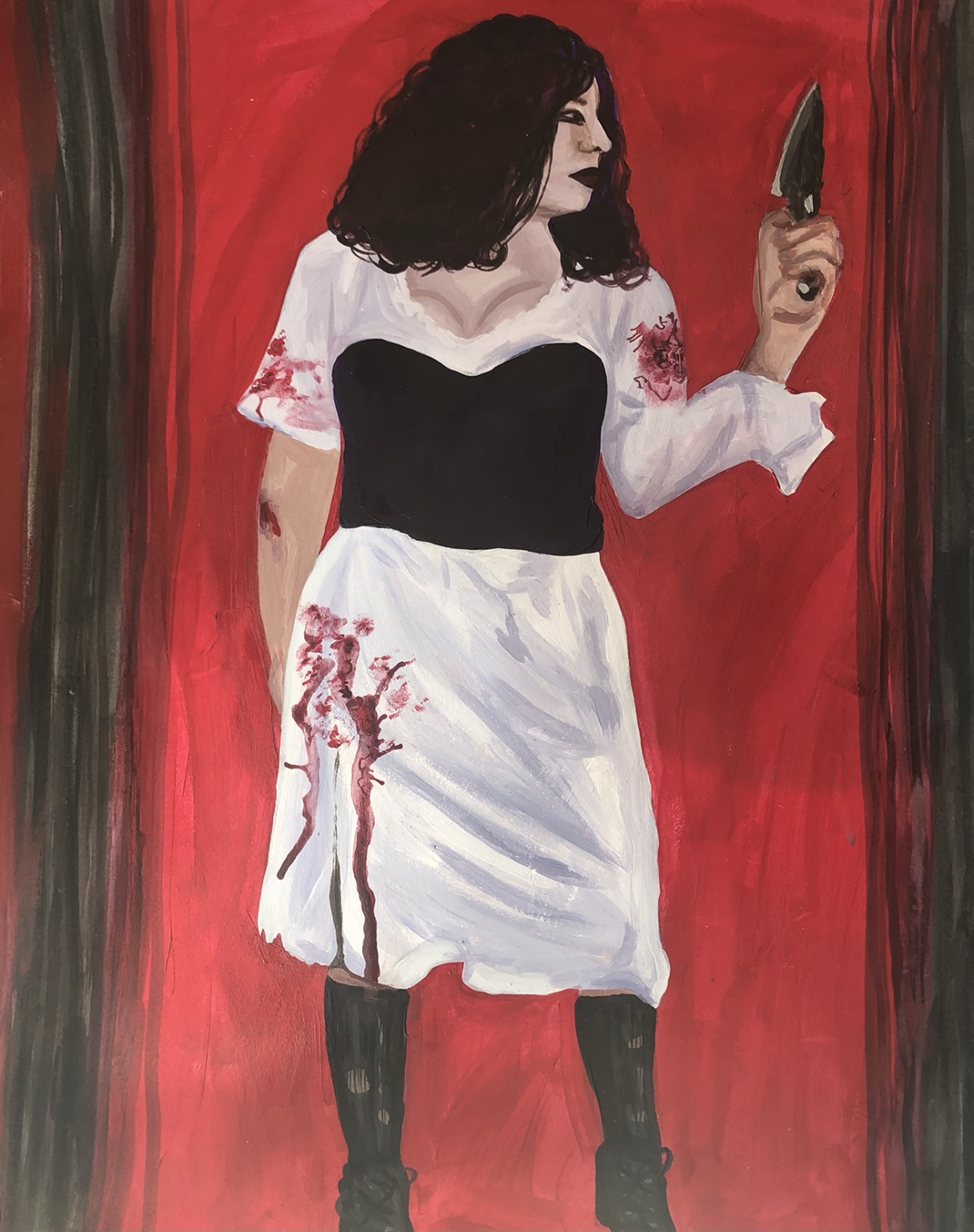 bloody person in a black and white dress holding a knife