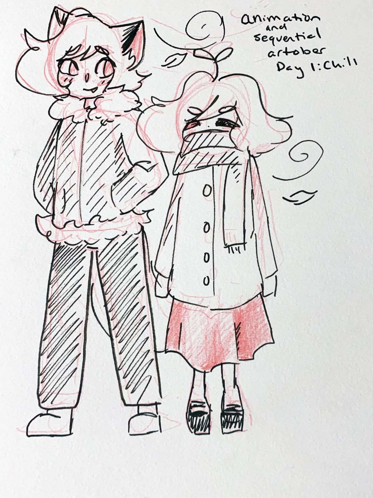 Line drawing of 2 people wearing winter coats.