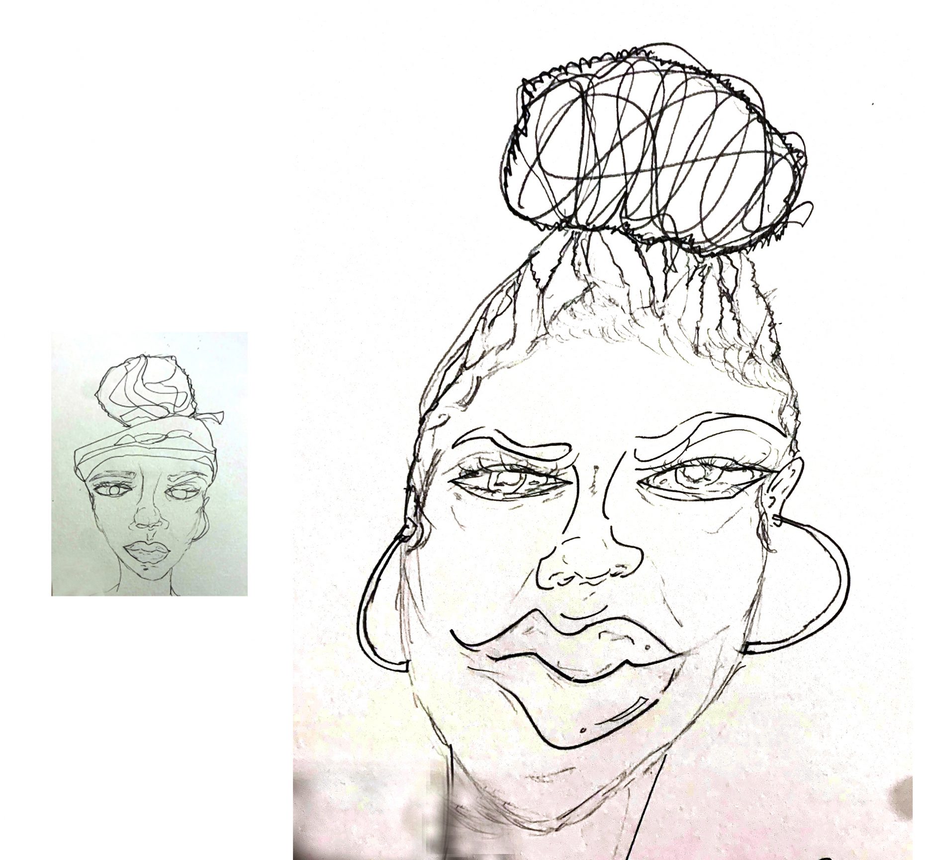 two portraits of person with a topknot