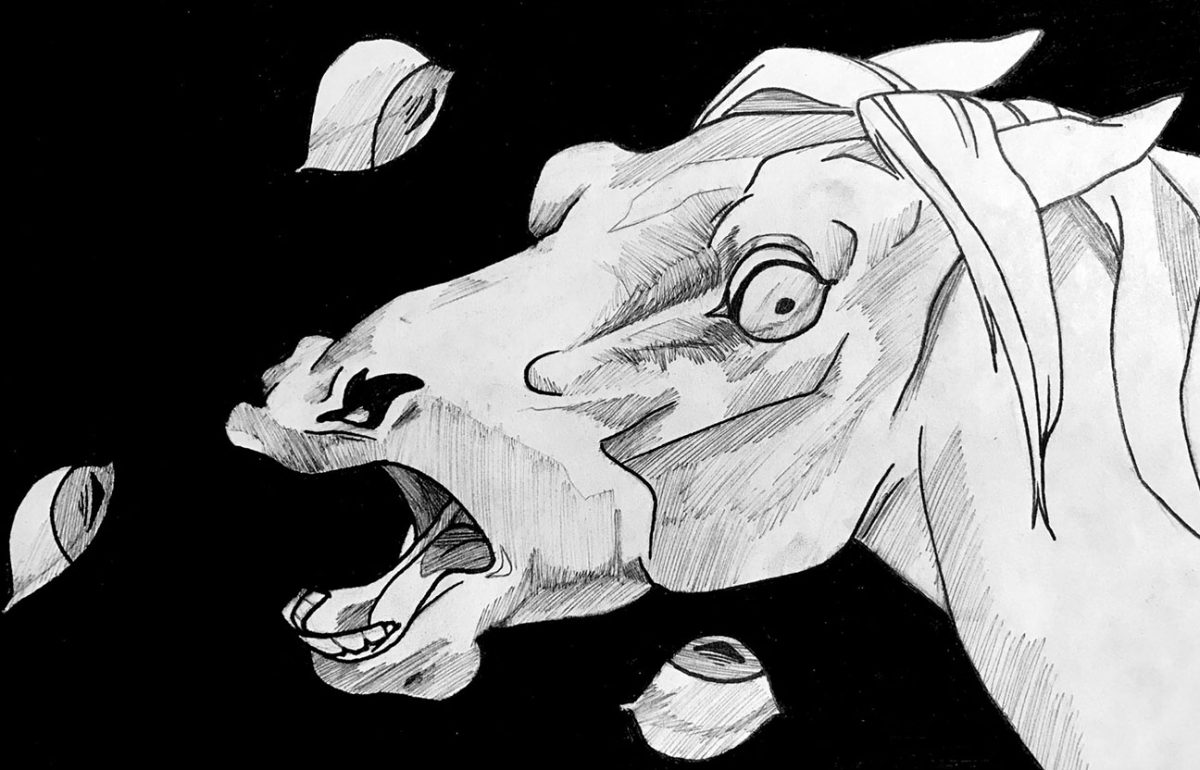 Horse with eyes flying at them