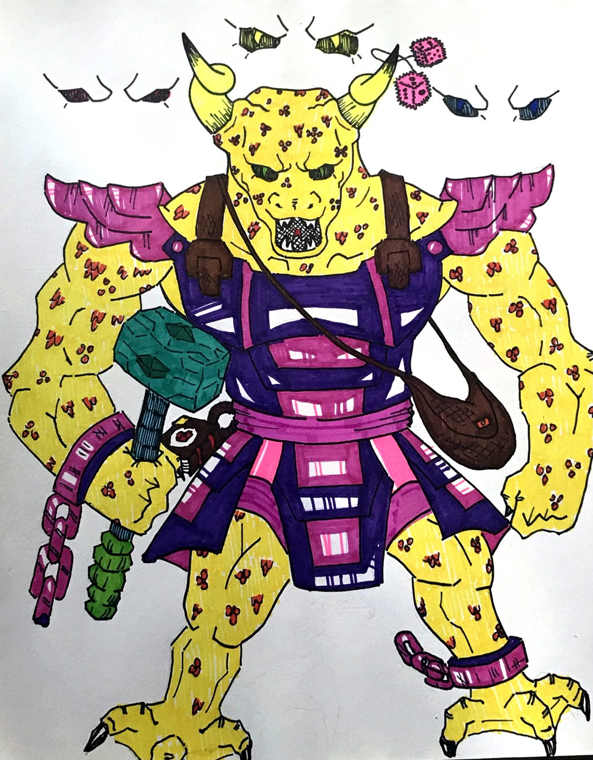 Drawing of a purple and yellow two-horned creature with a big club on a white background