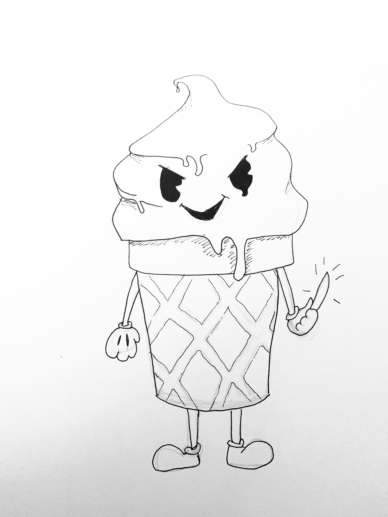 Ice cream cone with face and knife
