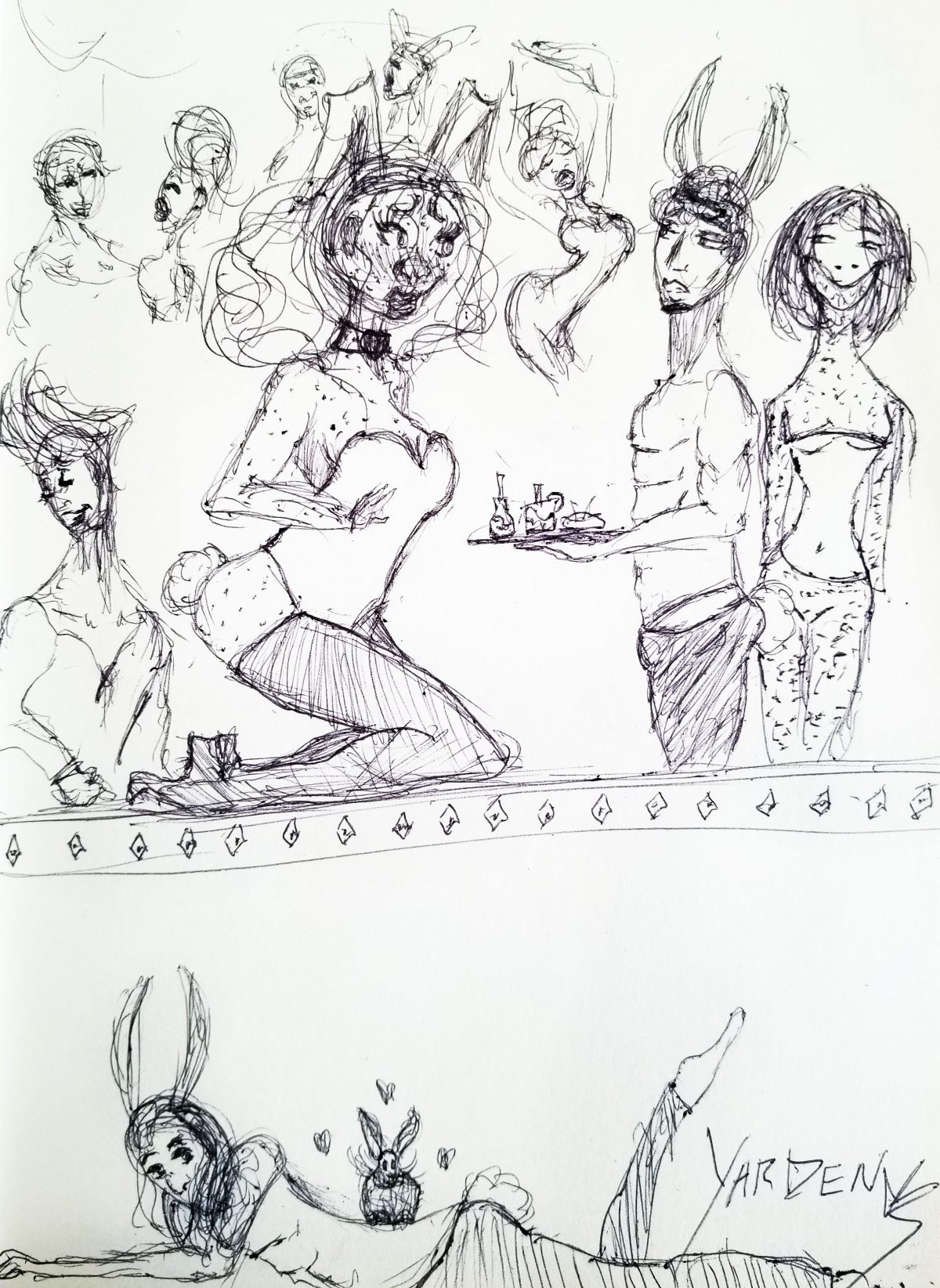 b/w drawing of women dressed as provocative bunnies