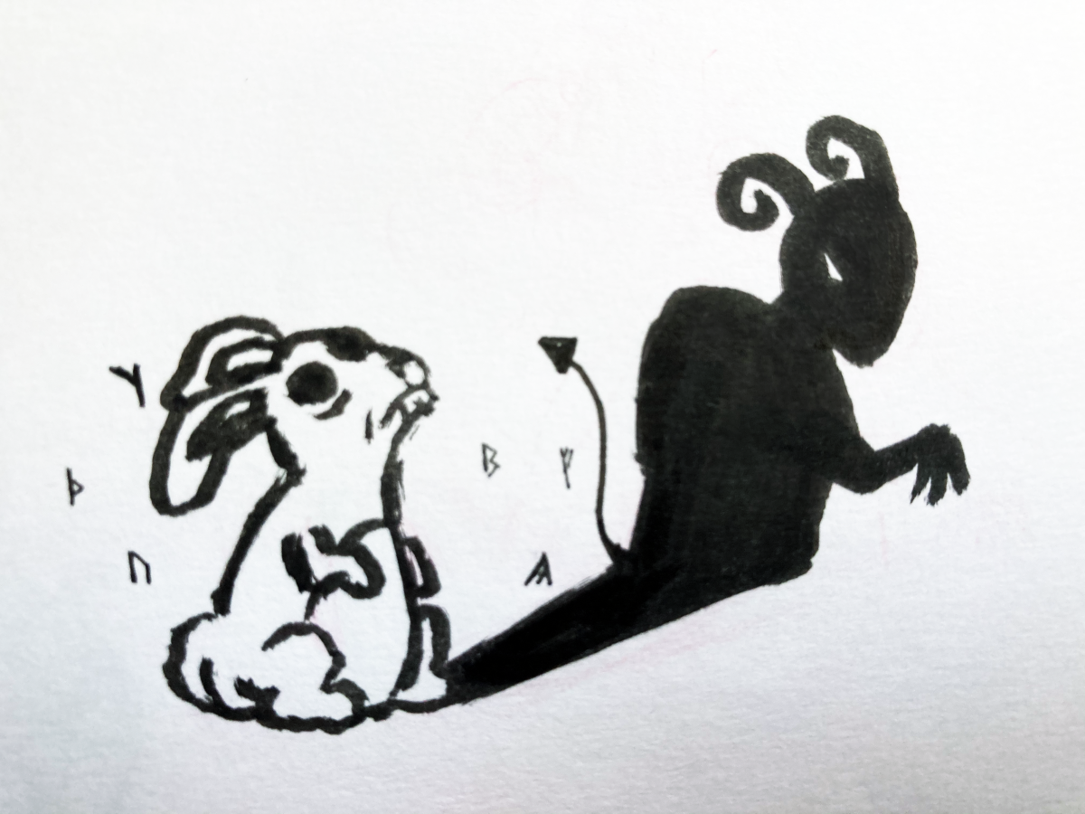 b/w drawing of rabbit with evil shadow