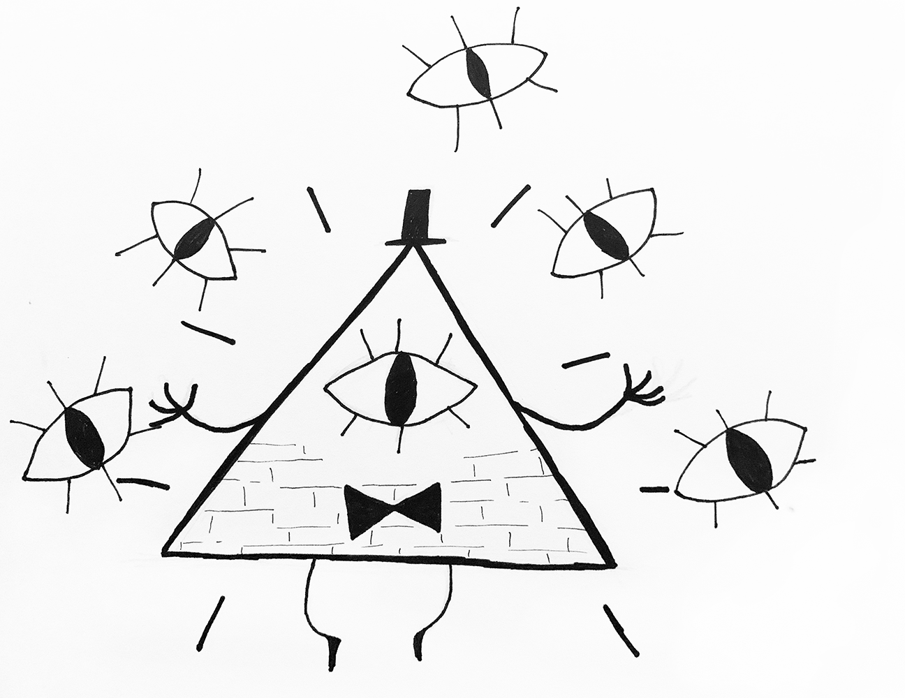 Pyramid wearing top hat and bow tie with an eye, and eyes around it.
