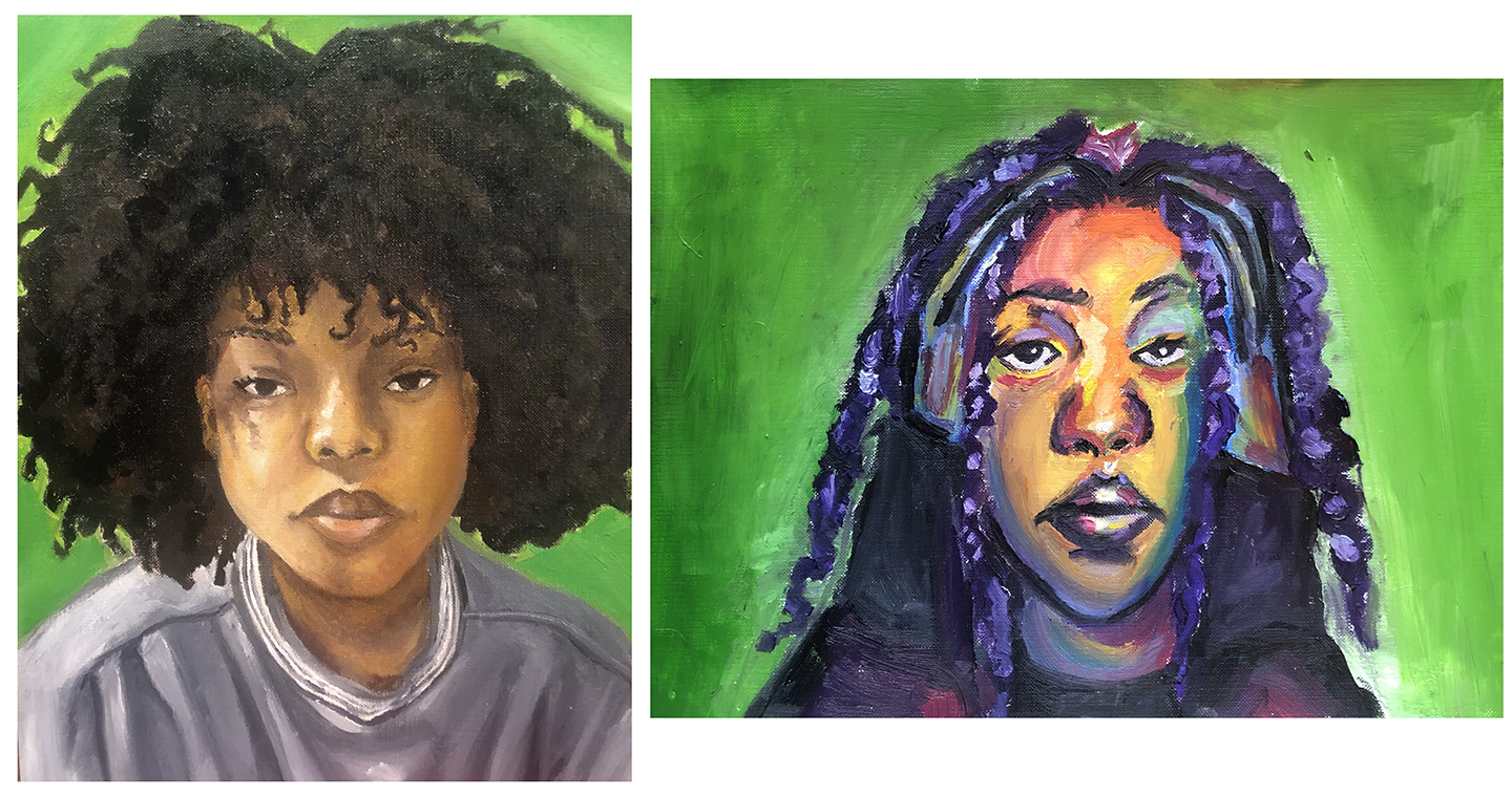 Two portraits on a green background
