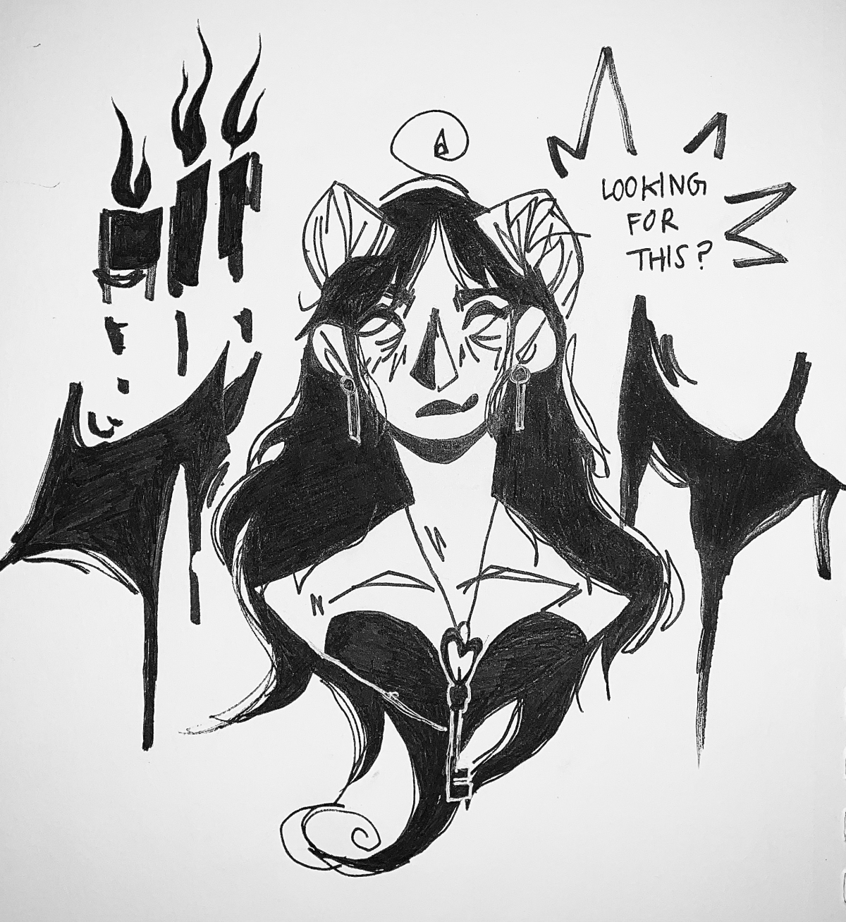 Person with long black hair wearing a key necklace saying "looking for this?"