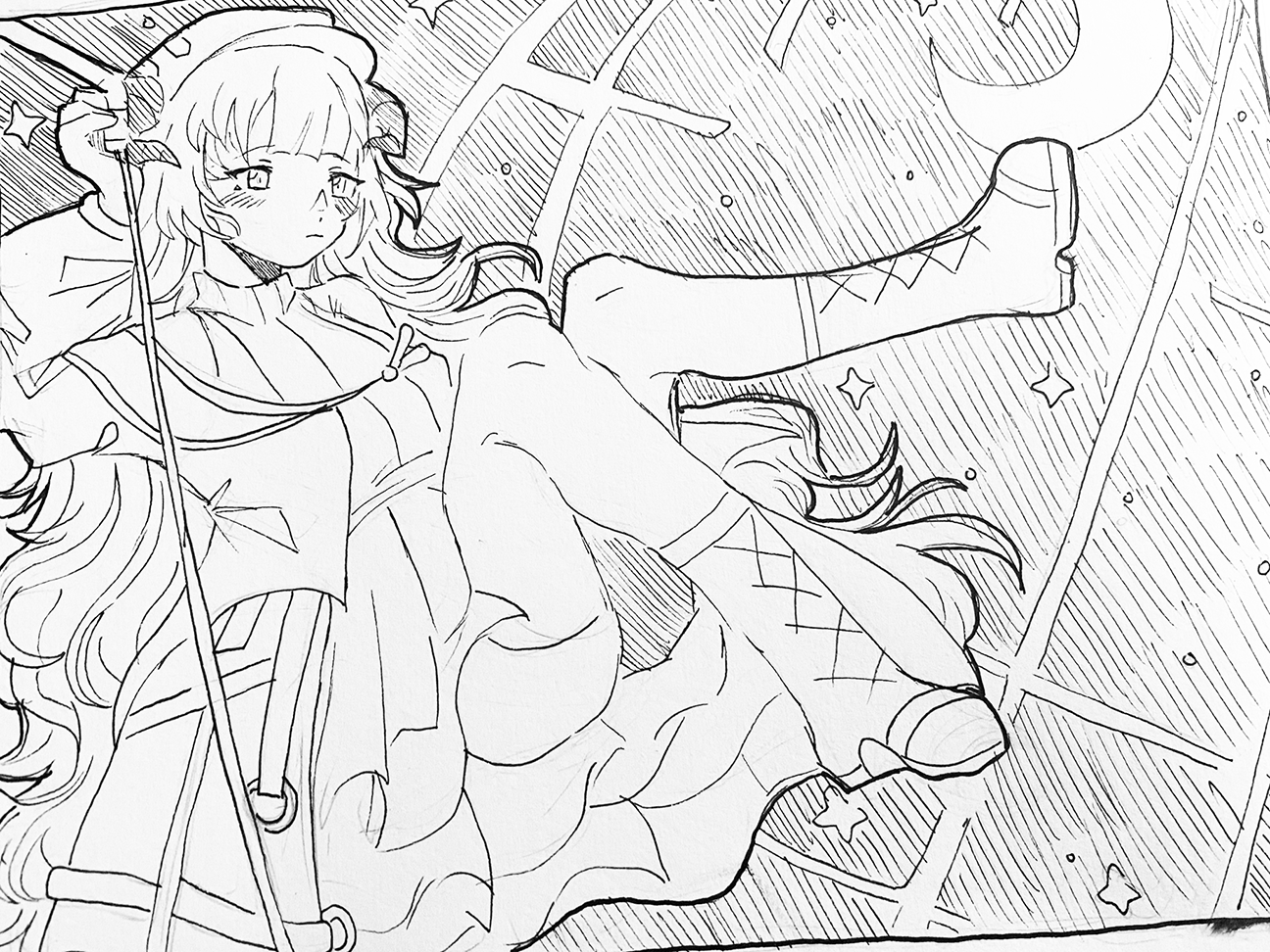 person with staff sitting on celestial backgroun