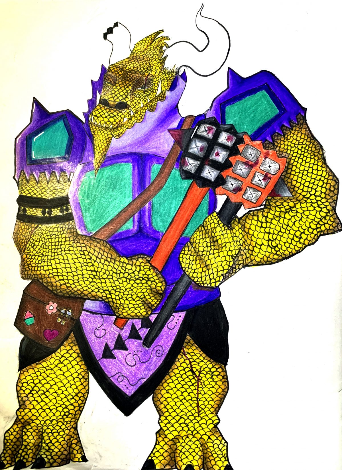 Drawing of a two-horned, scaly creature with a big club on a white background.