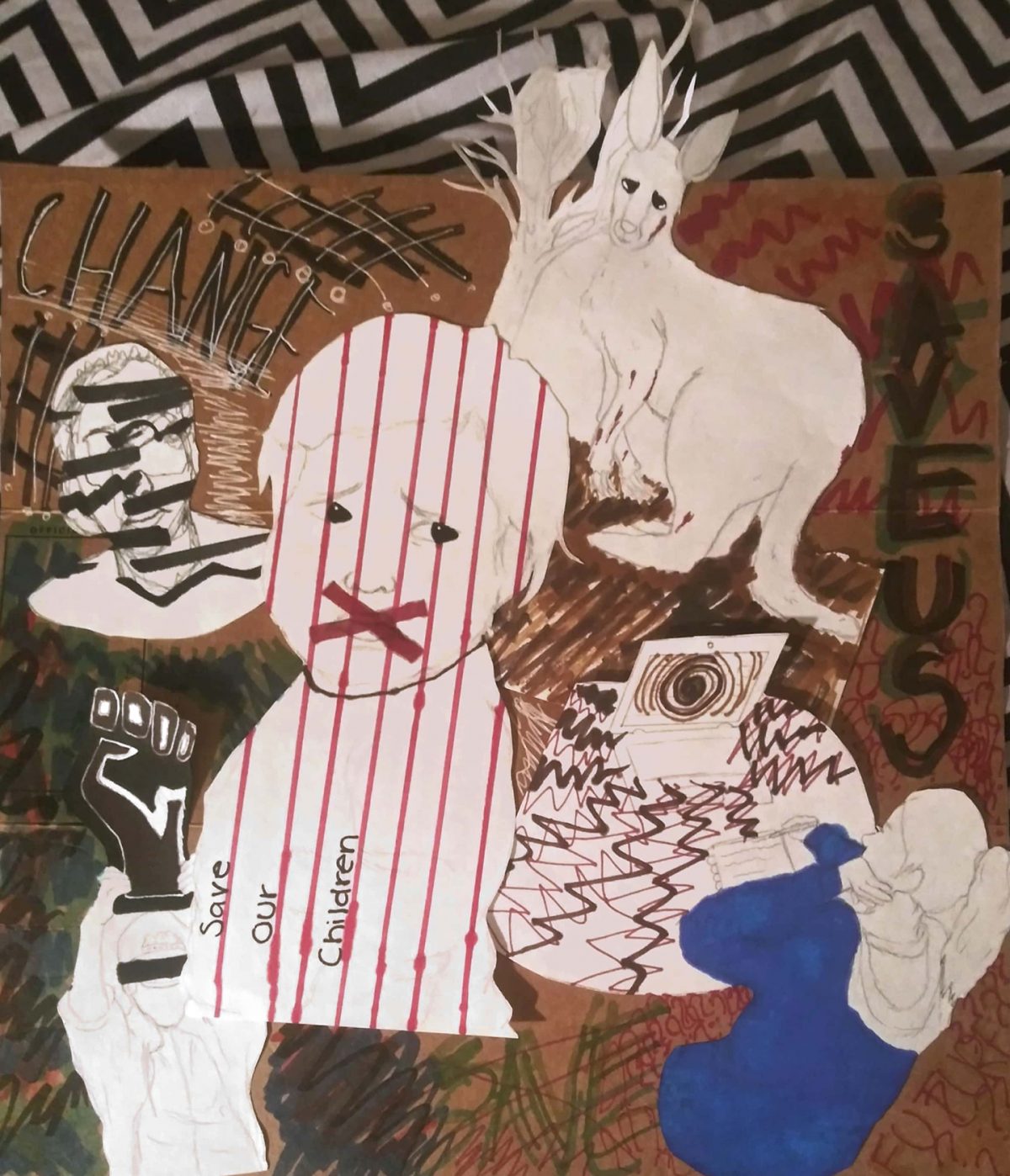 Collage with animals and person with X over mouth