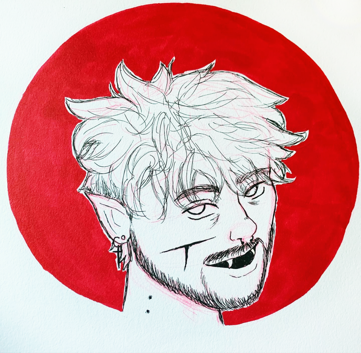 person with fangs and cut on cheek on red circle