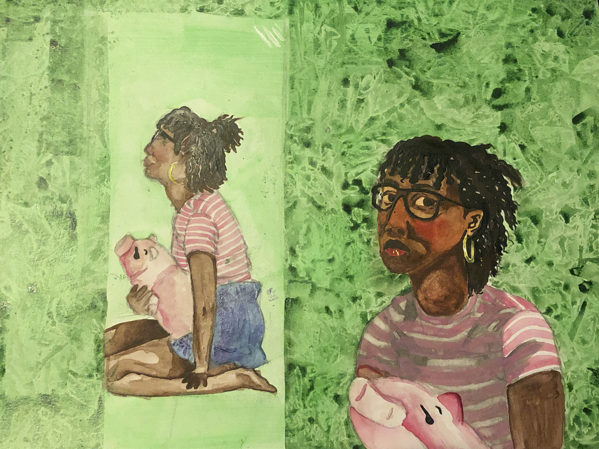 Person in striped shirt holding a pig