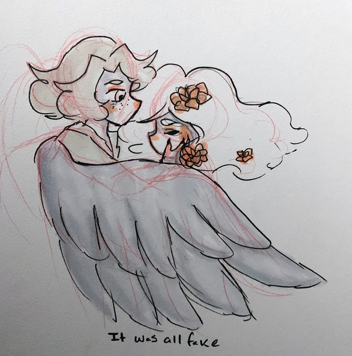 person with wings holding someone with flowers in their hair