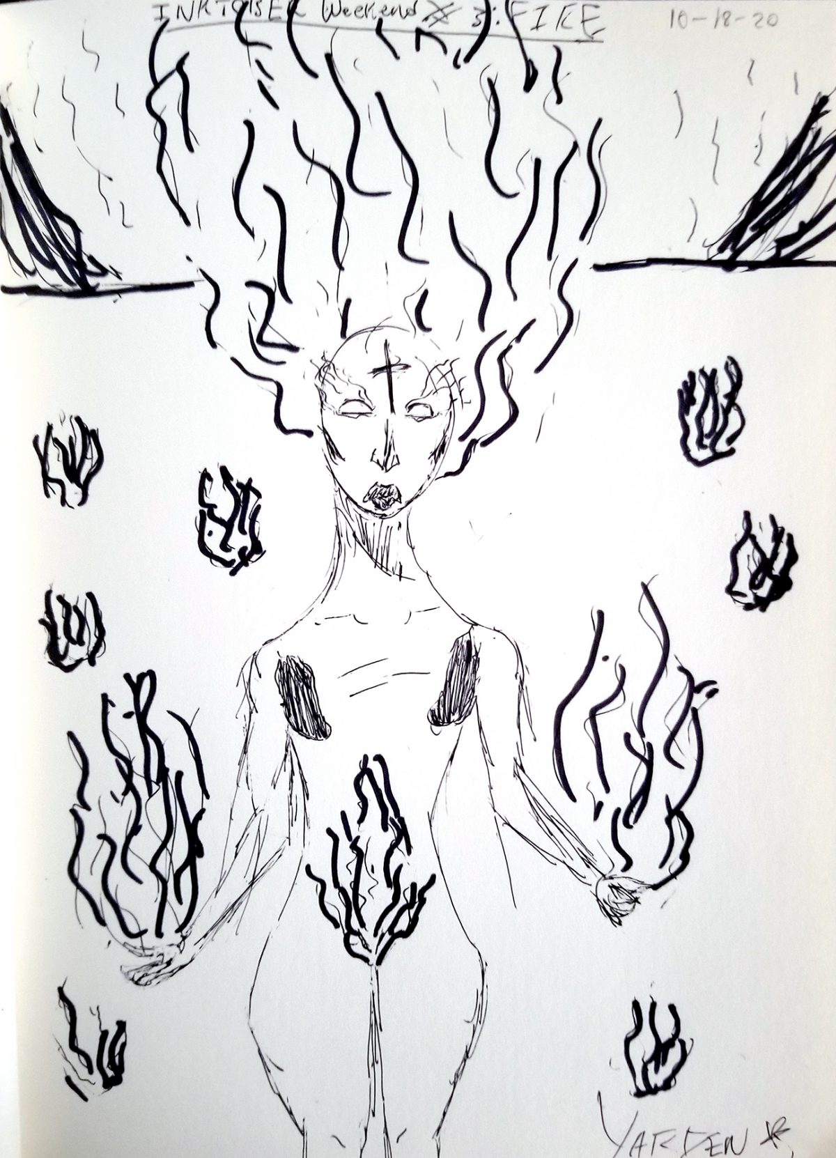 Body with fire around it and on it.