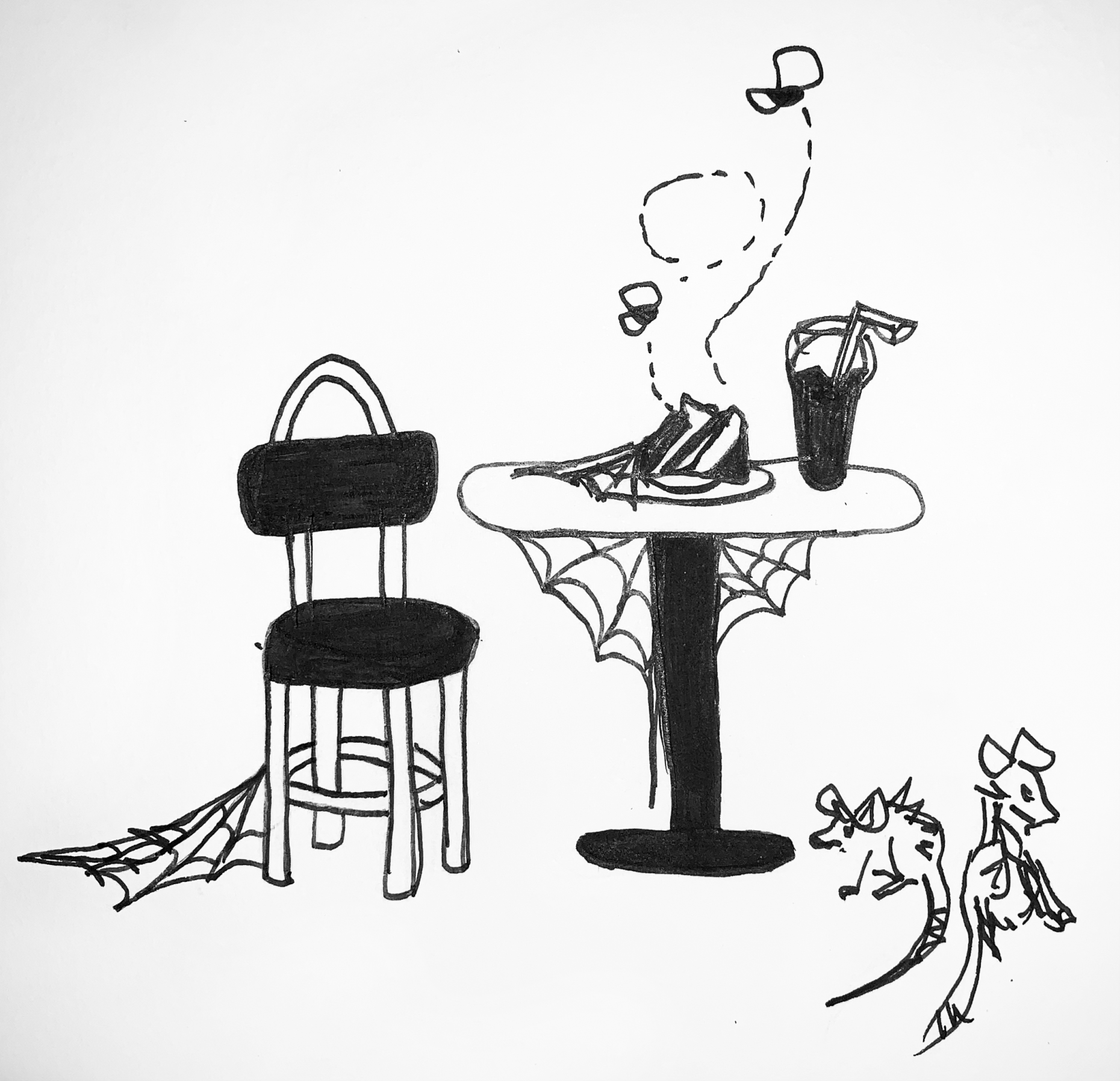 chair and table with spiderwebs