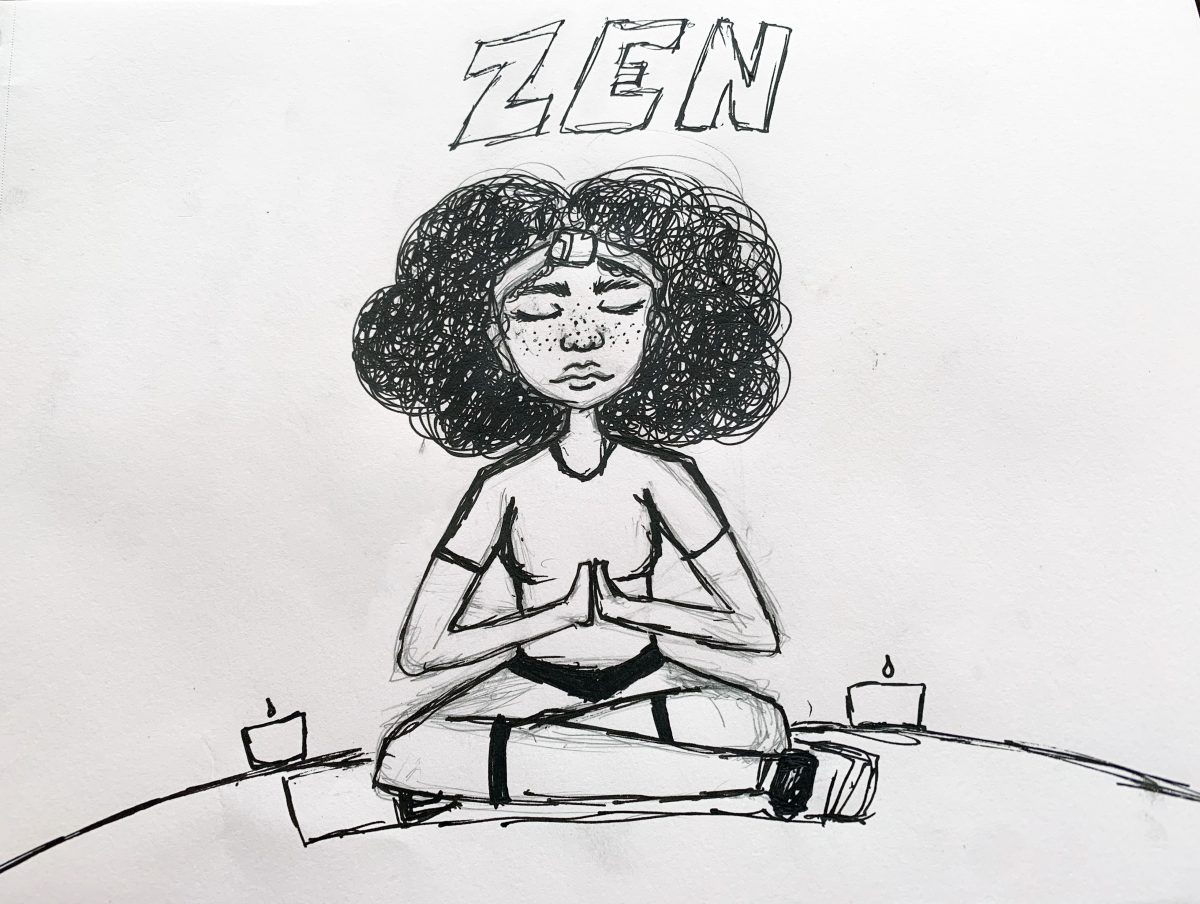 b/w line drawing of person meditating.