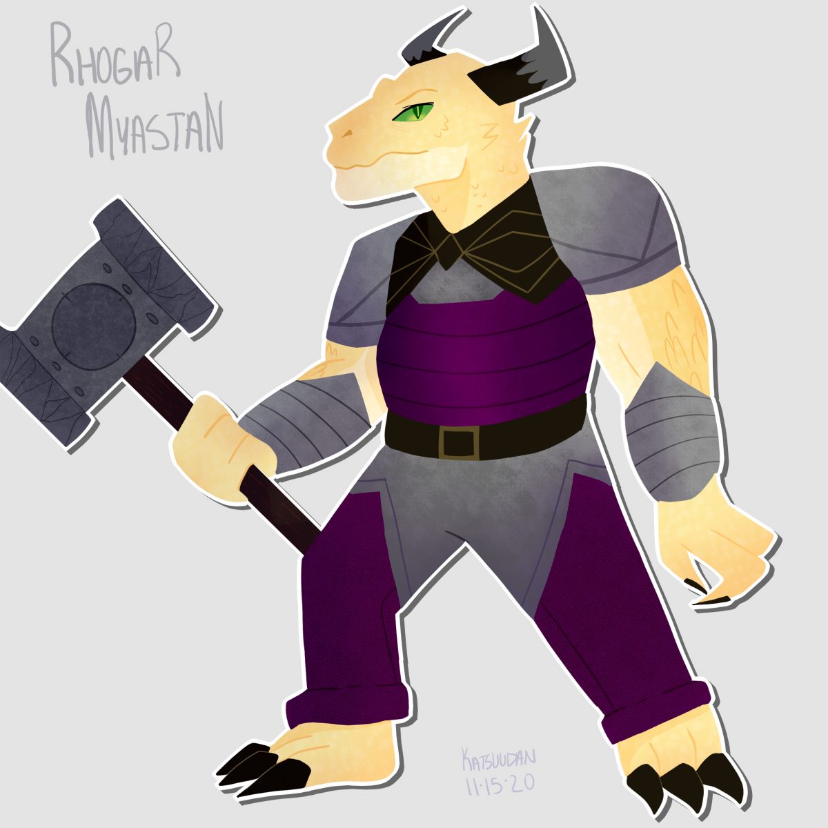Drawing of a two-horned creature with a big club on a grey background.