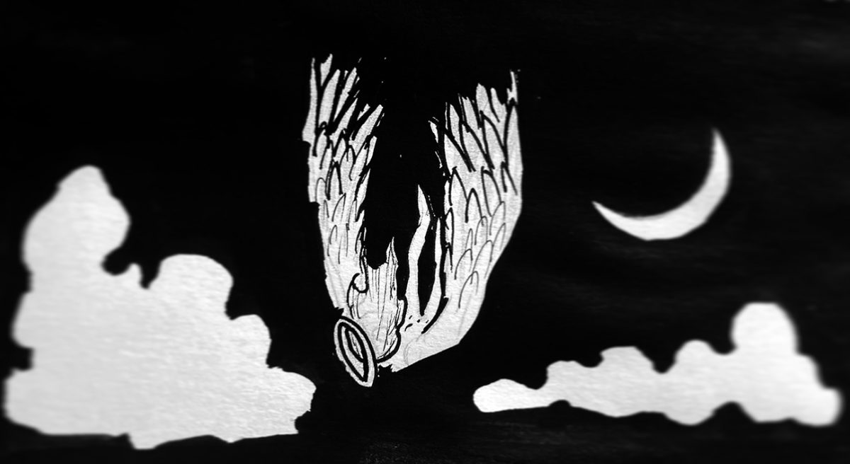 firery halo with wings falling