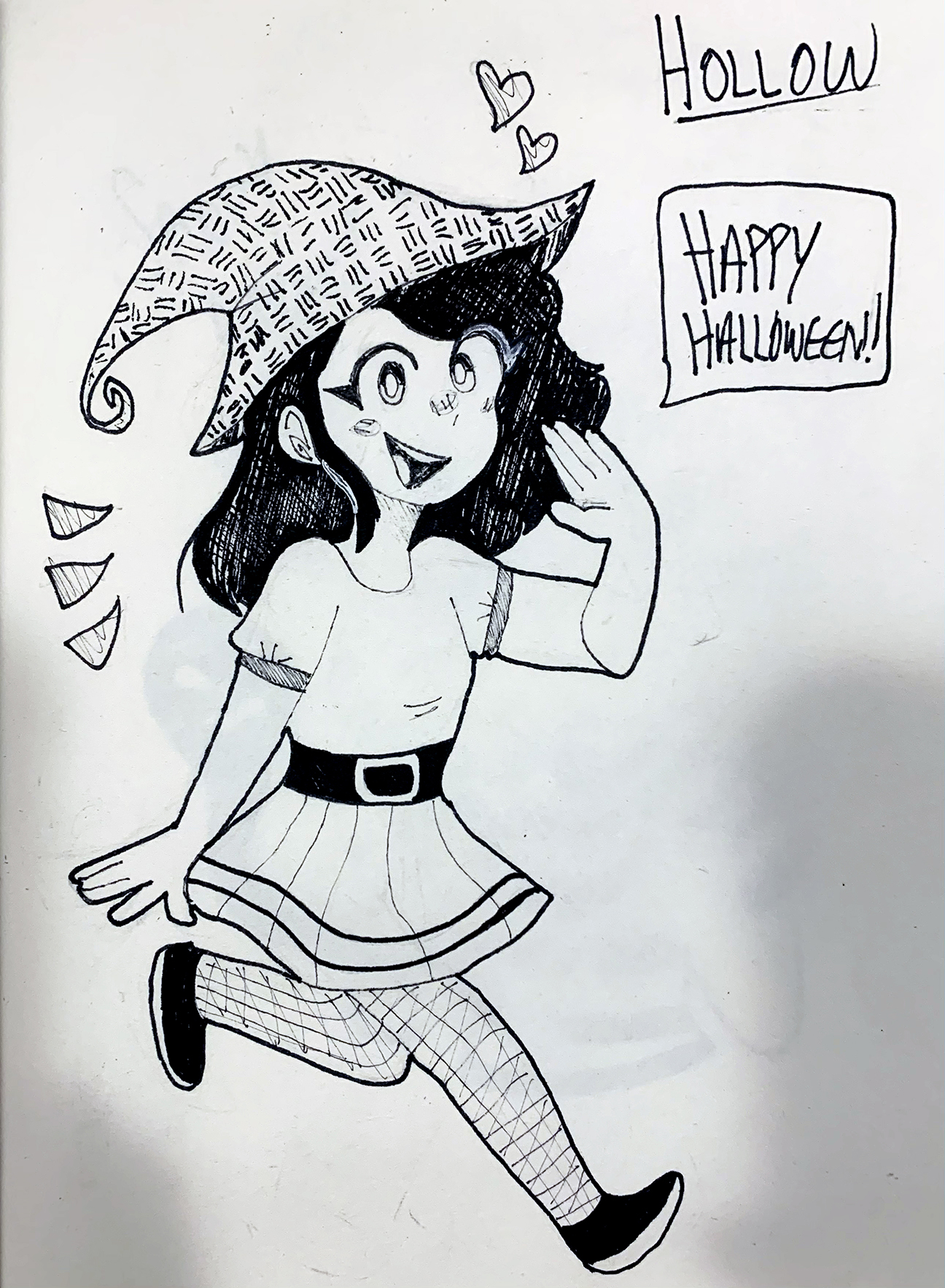 Person wearing hat and and saying Happy Halloween!