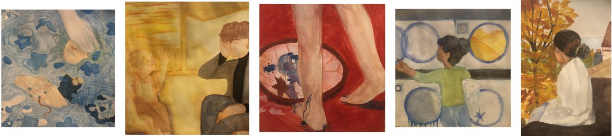 Five paintings with various topics in reds, blues, and yellows