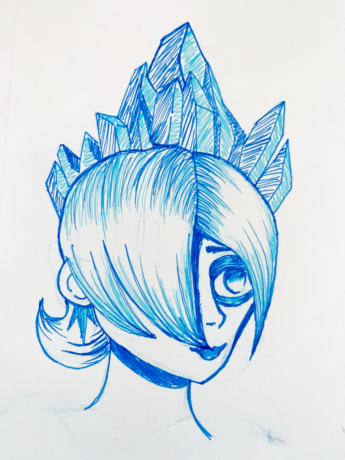 Blue line drawing of person with crystals behind their head.