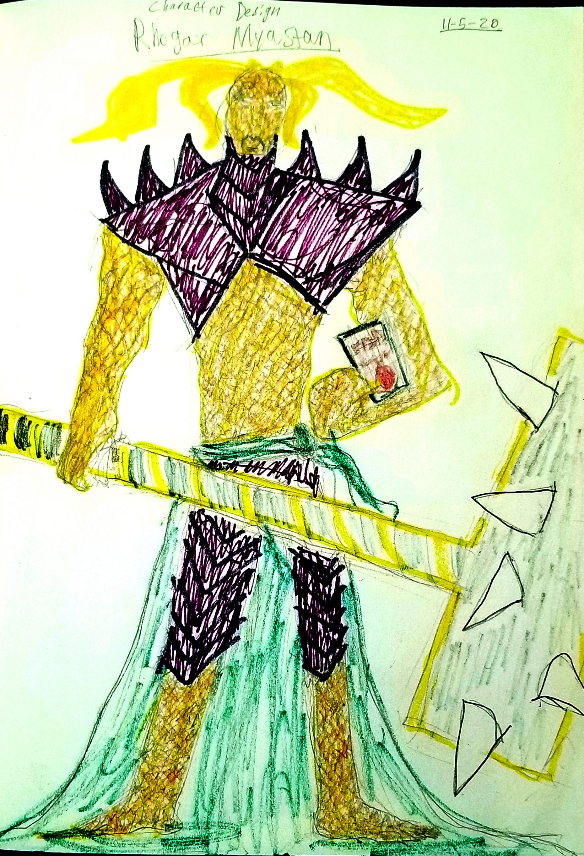 Drawing of a two-horned creature with a big club on a white background.