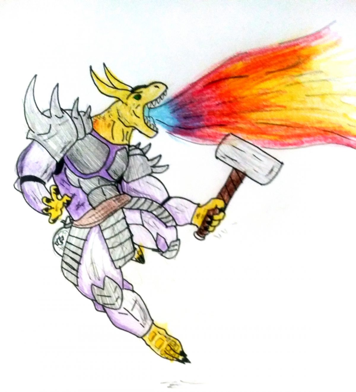 Drawing of a two-horned, firebreathing creature jumping through the air on a white background.