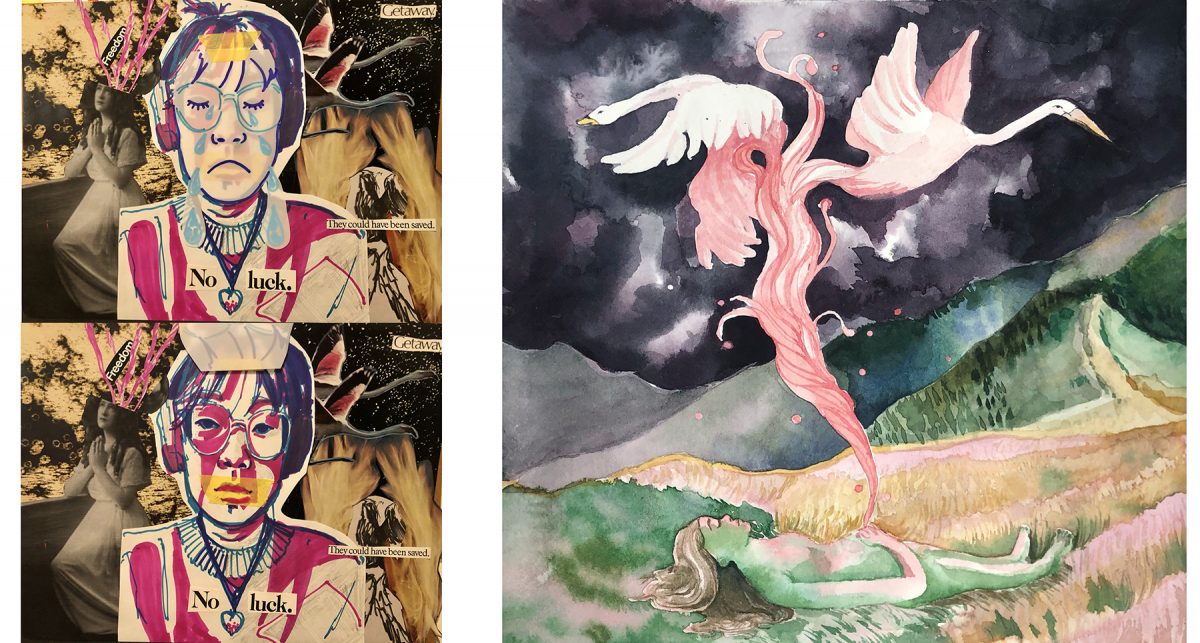 person wearing glasses duplicated and painting of pink feathery object