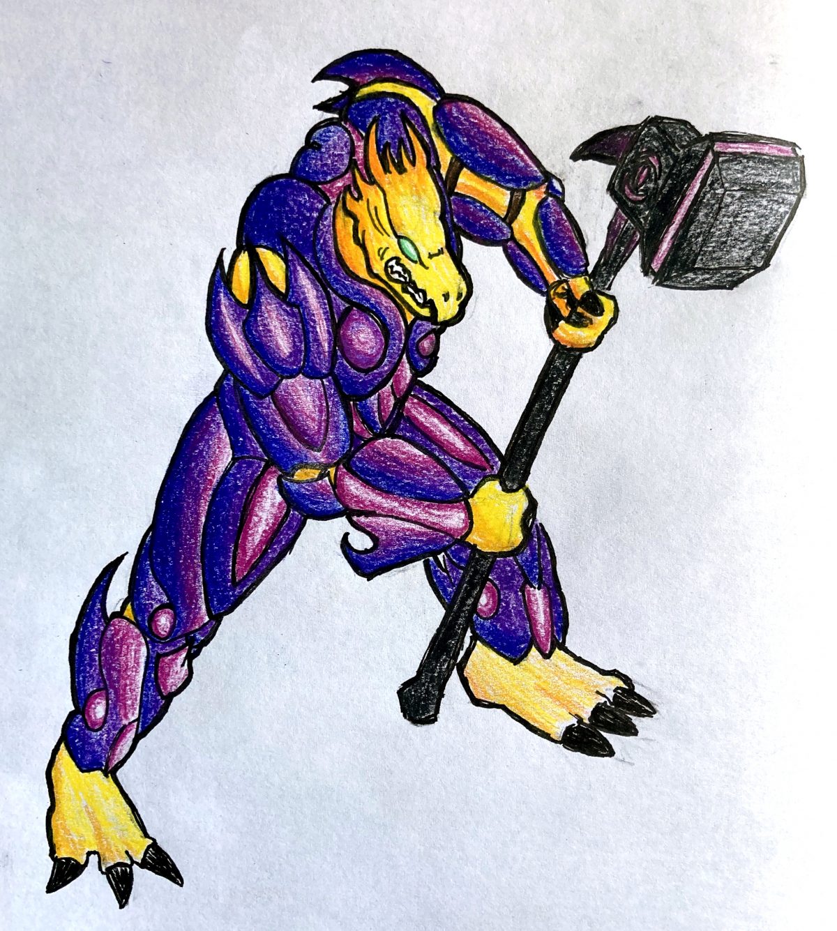 Drawing of a purple and yellow two-horned creature with a big club on a white background