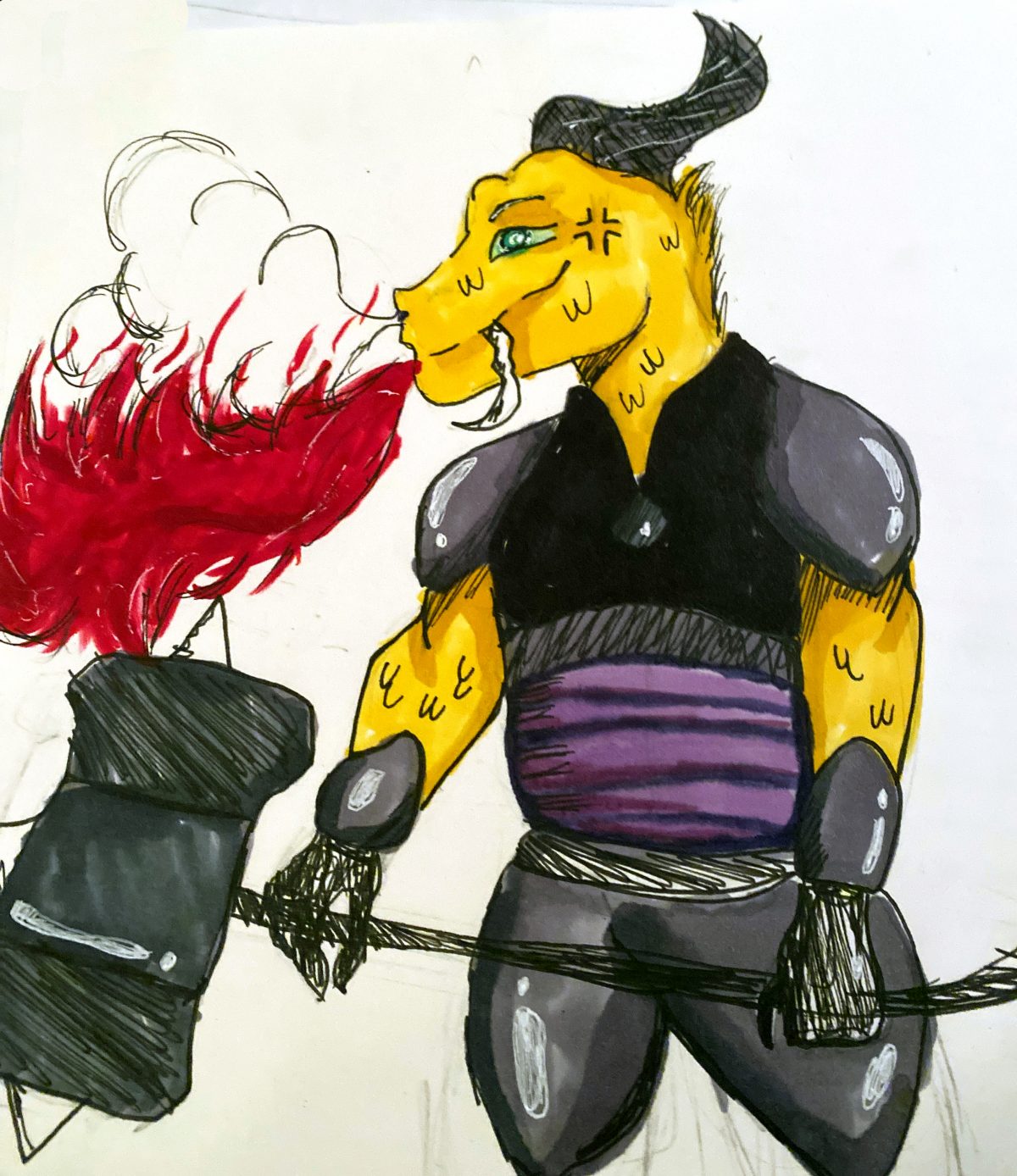 Drawing of a two-horned, firebreathing creature with a big weapon on a white background.