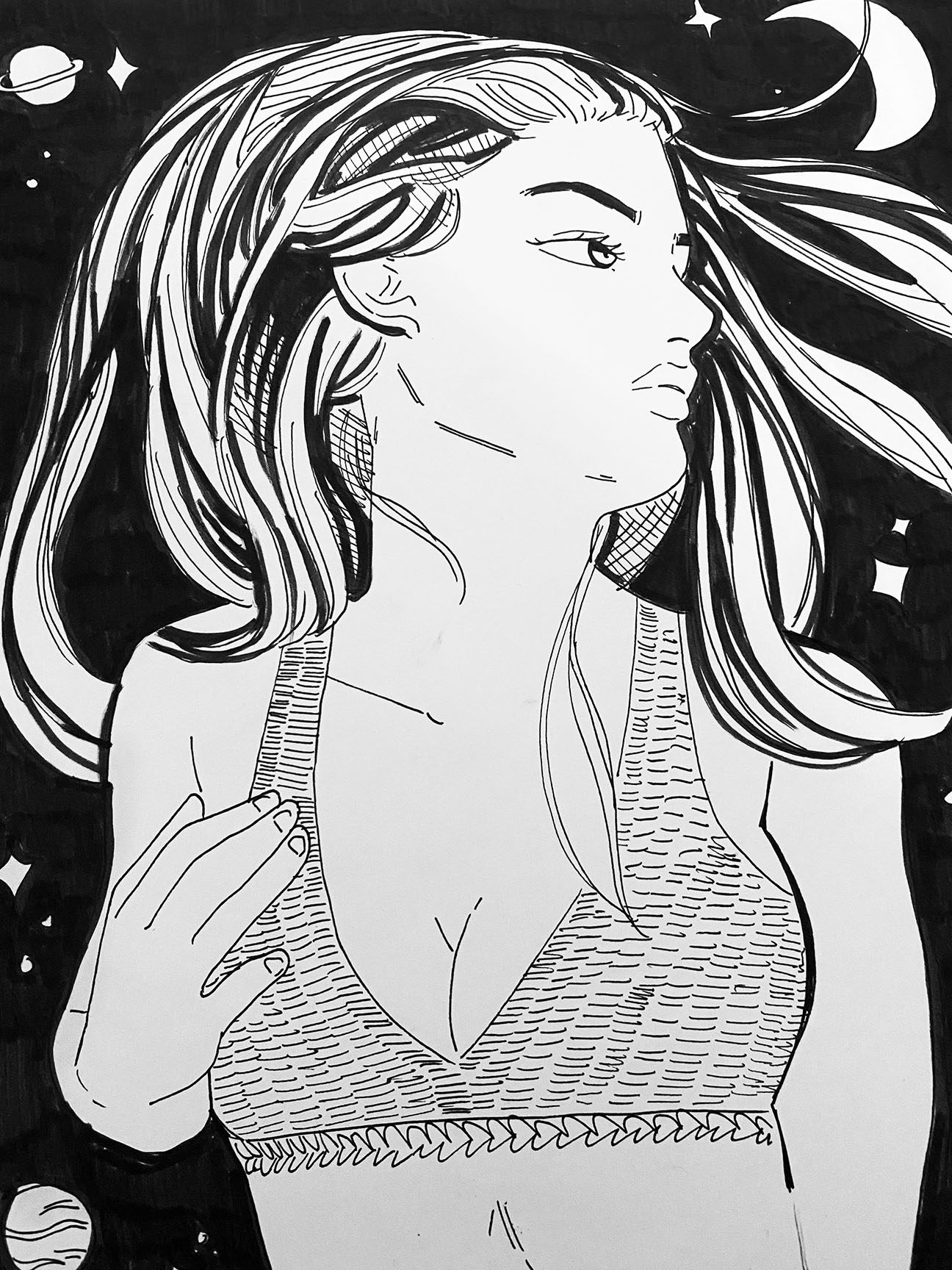 Person wearing a crop top at night