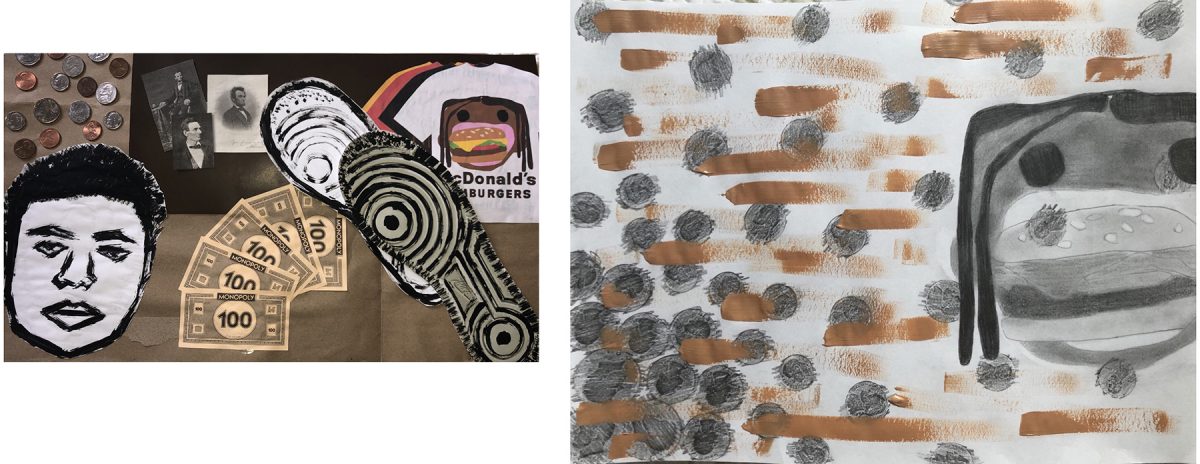 collage with faces and Monopoly money, painting of face with spots in the background