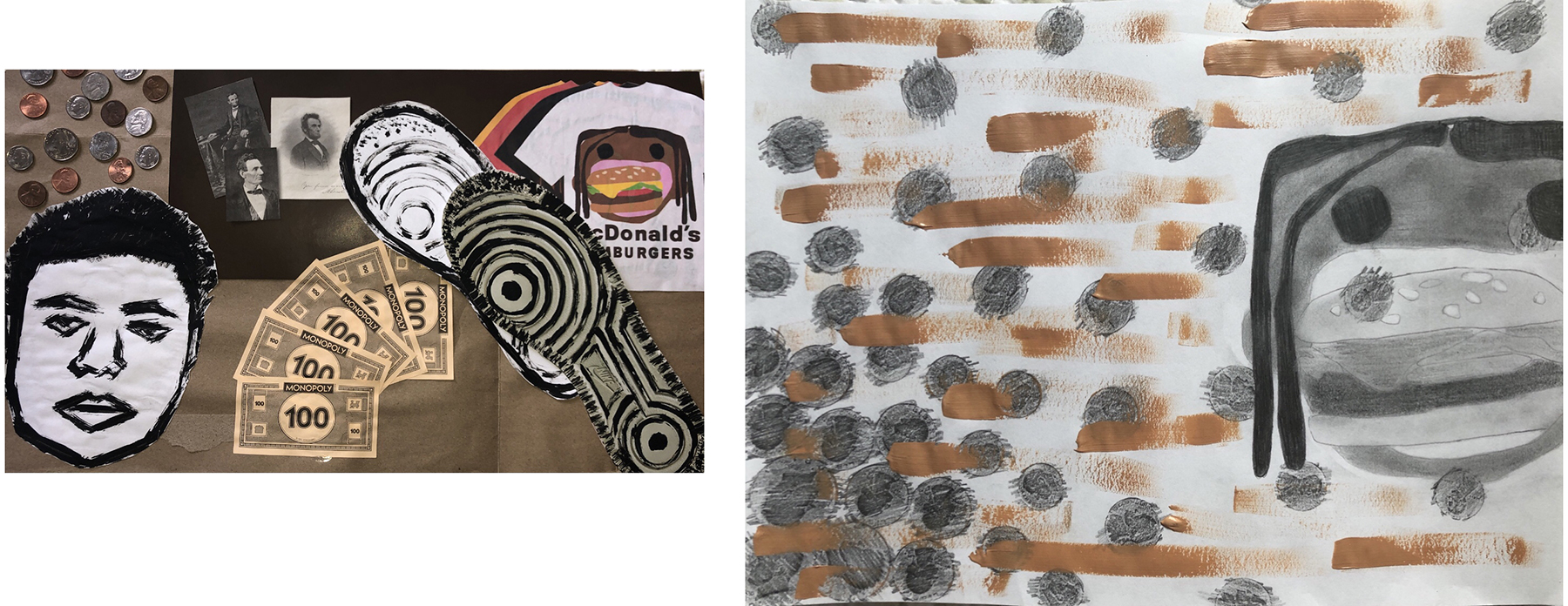 collage with faces and Monopoly money, painting of face with spots in the background