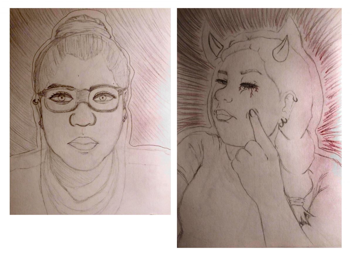 two portraits, one person with glasses and one with horns