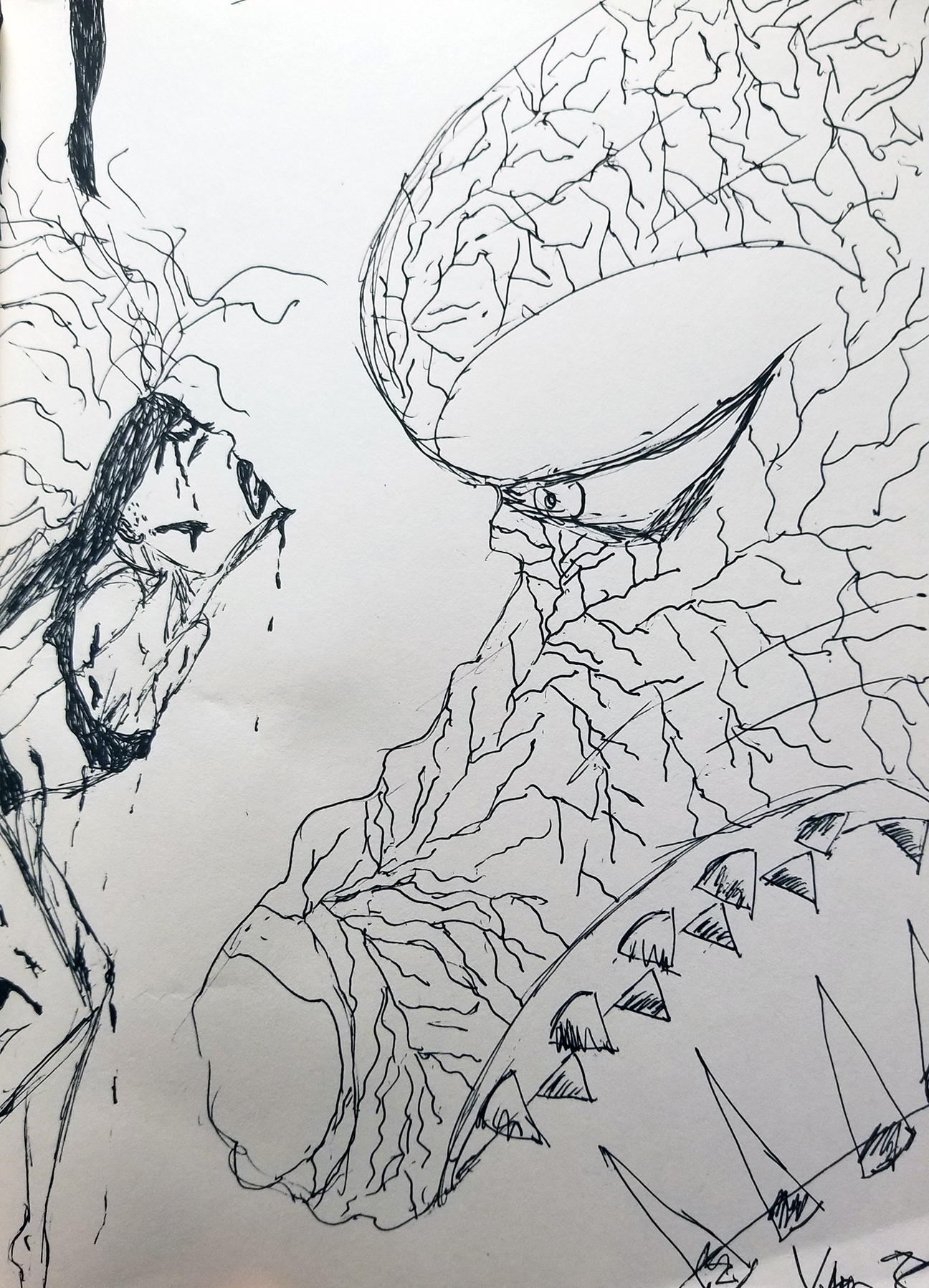 bleeding person looking at a dragon