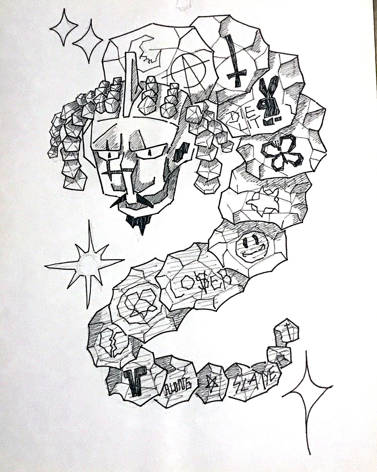 snake with human face and body of rocks